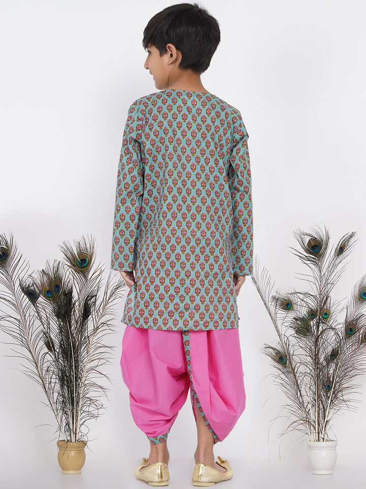 Boys Floral Kurta with Pearl Buttons and Dhoti in Blue and Pink - Little Bansi