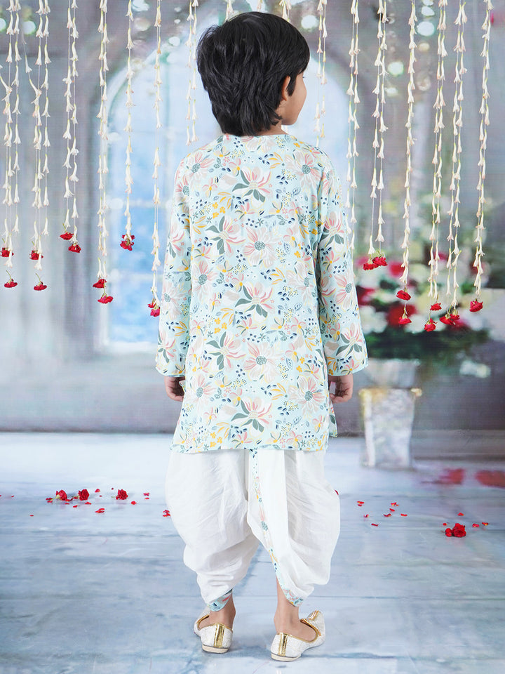 Boys Cotton Full Sleeves Kurta Dhoti with Floral Brush Print and Pearl Buttons - Sky Blue - Little Bansi