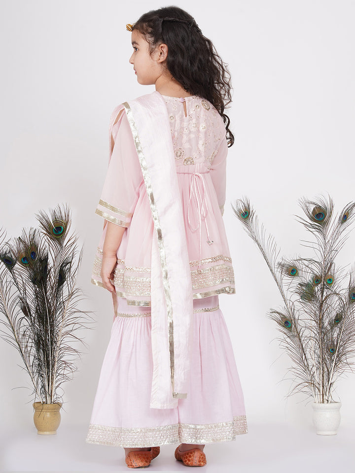 Girls Gotta Patti work Kurta frock with Sharara and Dupatta - Baby Pink - Little Bansi