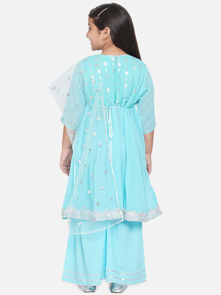 Blue Embroidery Kurta Set with Sharara - Little Bansi