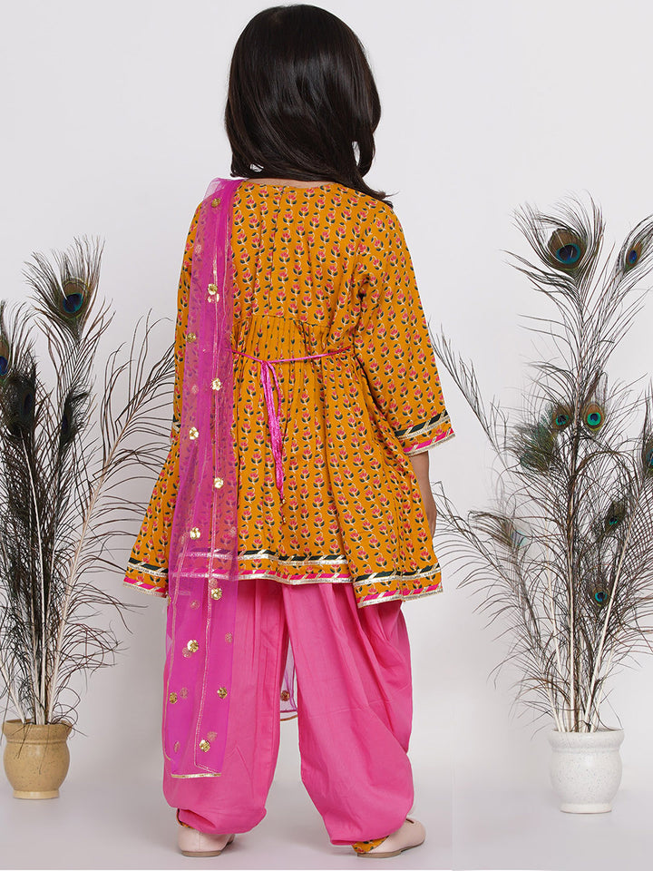 Girls Jaipuri Print Kurta Frock with Salwar in Yellow & Pink - Little Bansi