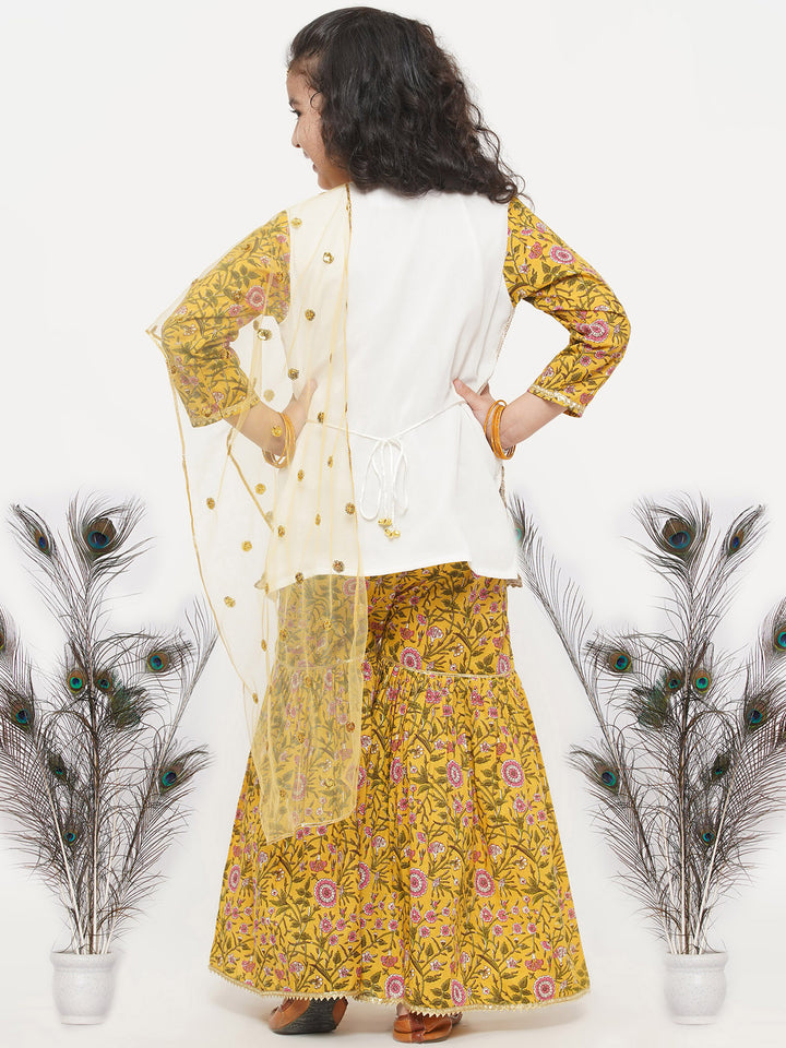 Girls Taj Embroidery Kurta with Tussel work and floral sharara with Dupatta - Little Bansi