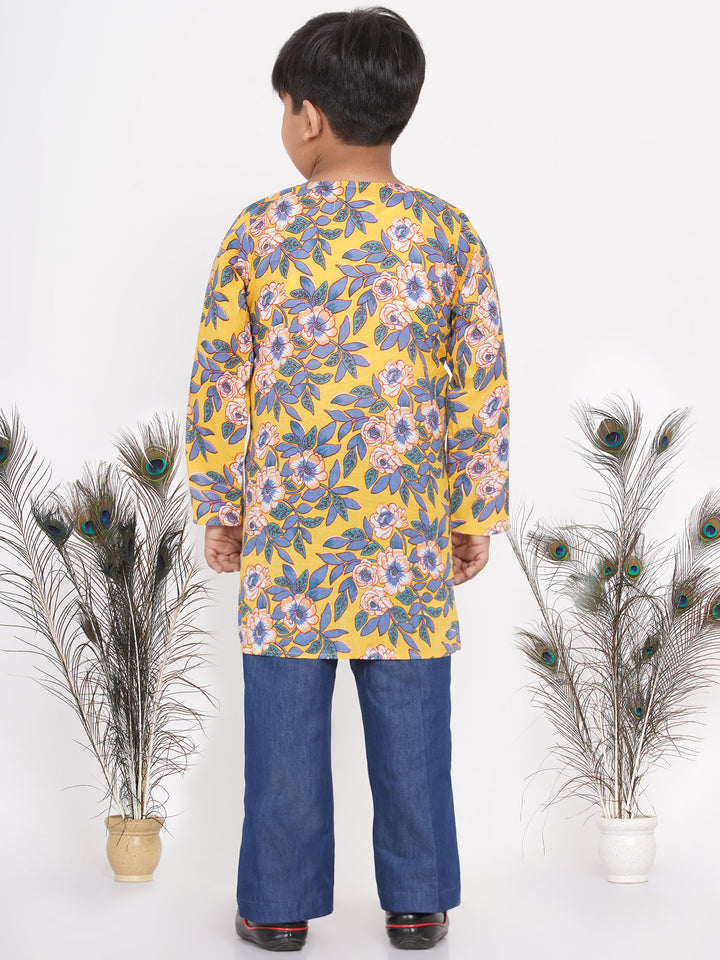 Boys Floral Kurta with Denim Pants in Yellow - Little Bansi