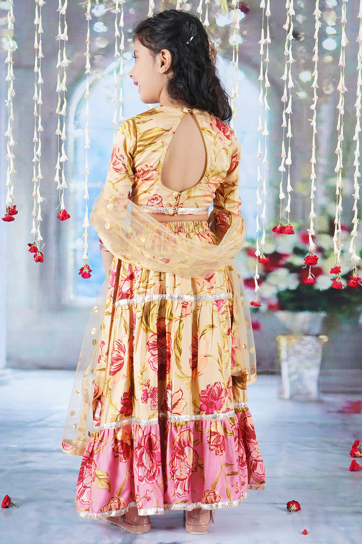 Modern Rose Print Lehenga with Panel and lace work with Blouse and Dupatta - Little Bansi