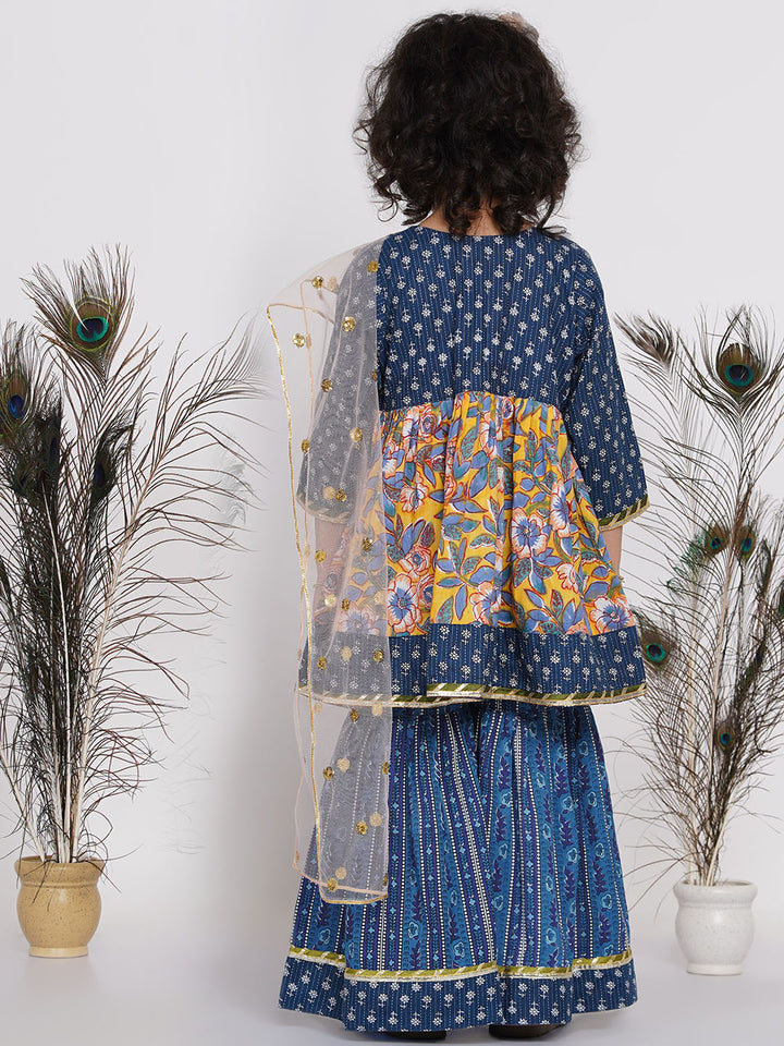 Girls Floral Kurta with Indigo Floral Jacket with Sharara and Dupatta in Blue & Yellow - Little Bansi