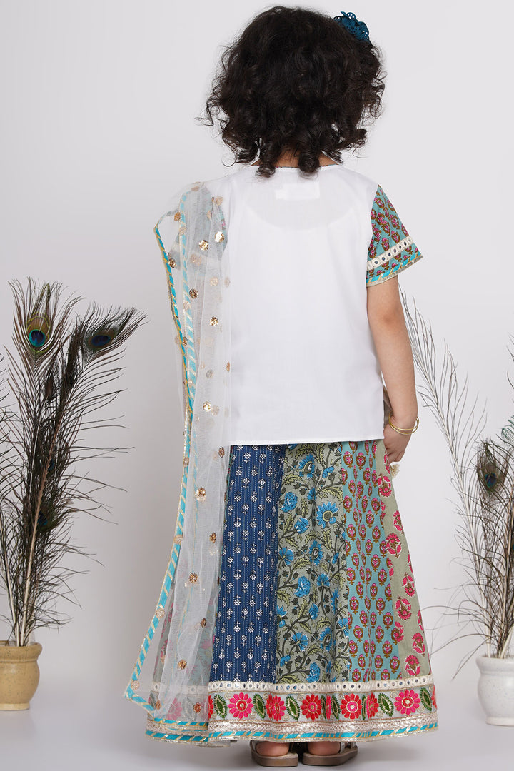 Girls Cotton Floral Embroidery Kurta with Kali Work Lehenga and Tussel work - Little Bansi
