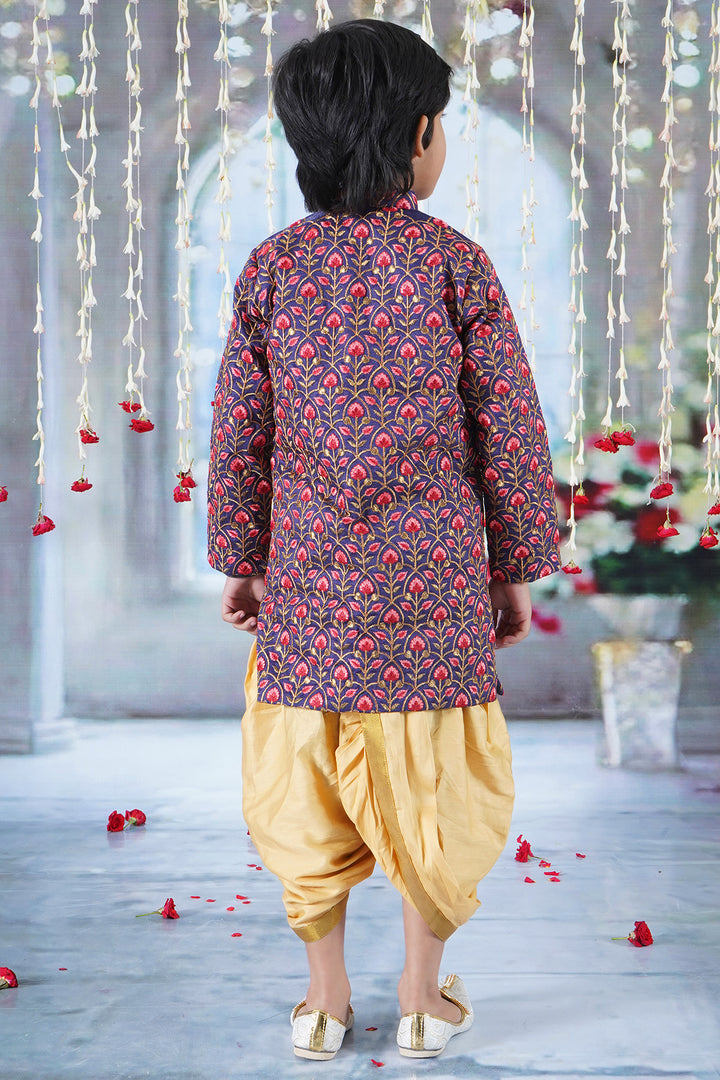 Boys Bageecha Floral Thread work Angrakha Sherwani with Beige Silk Dhoti - Little Bansi