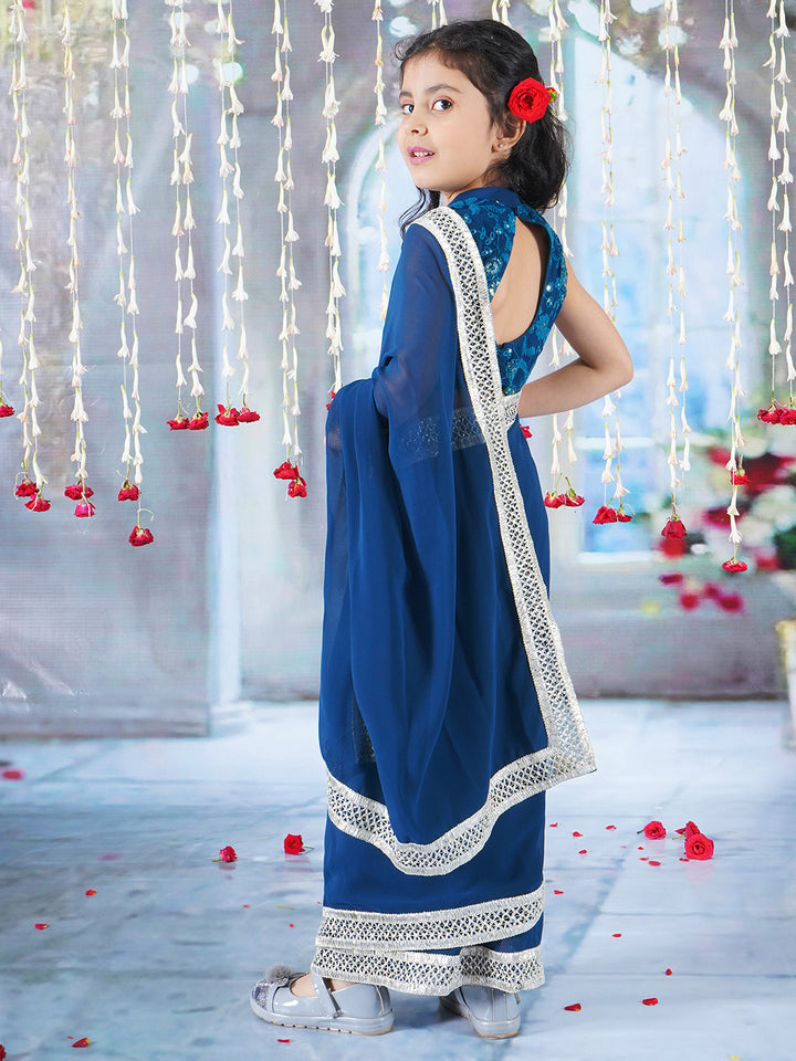 Girls Cotton Sleeveless Floral Embroidery Ready to wear Blouse with Ready to wear Georgette Saree - Blue - Little Bansi