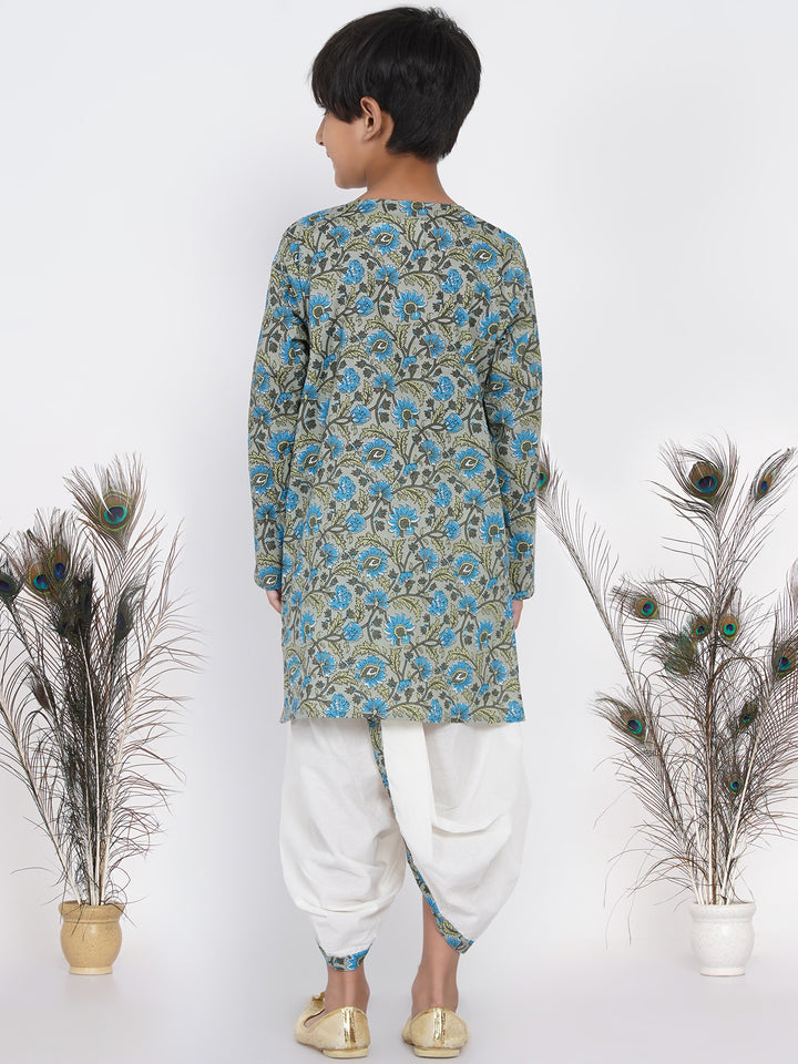 Boys Floral Kurta with Pearl Buttons and Dhoti in Sea Green and Cream - Little Bansi