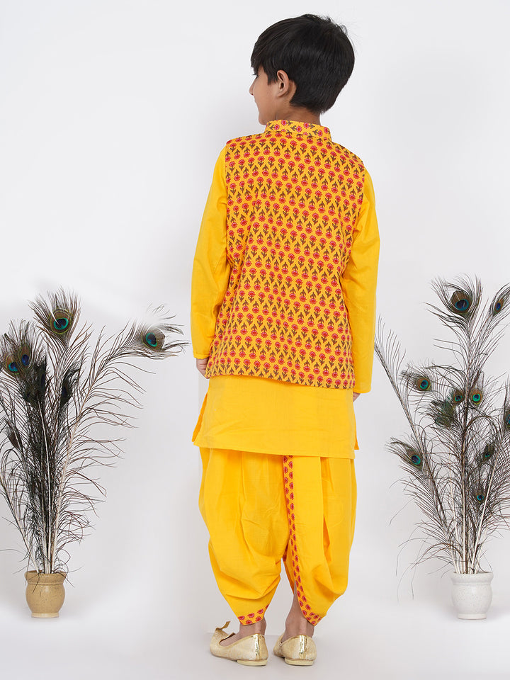 Boys Floral Jacket with Kurta and Dhoti in Yellow - Little Bansi