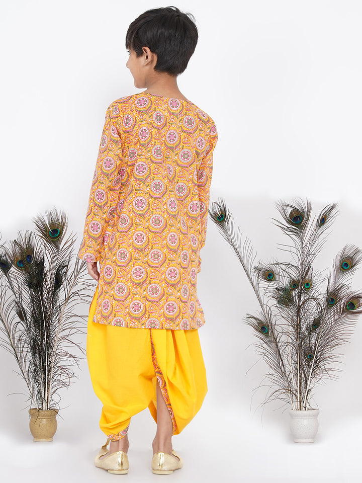 Boys Floral Kurta with Pearl Buttons and Dhoti in Yellow - Little Bansi