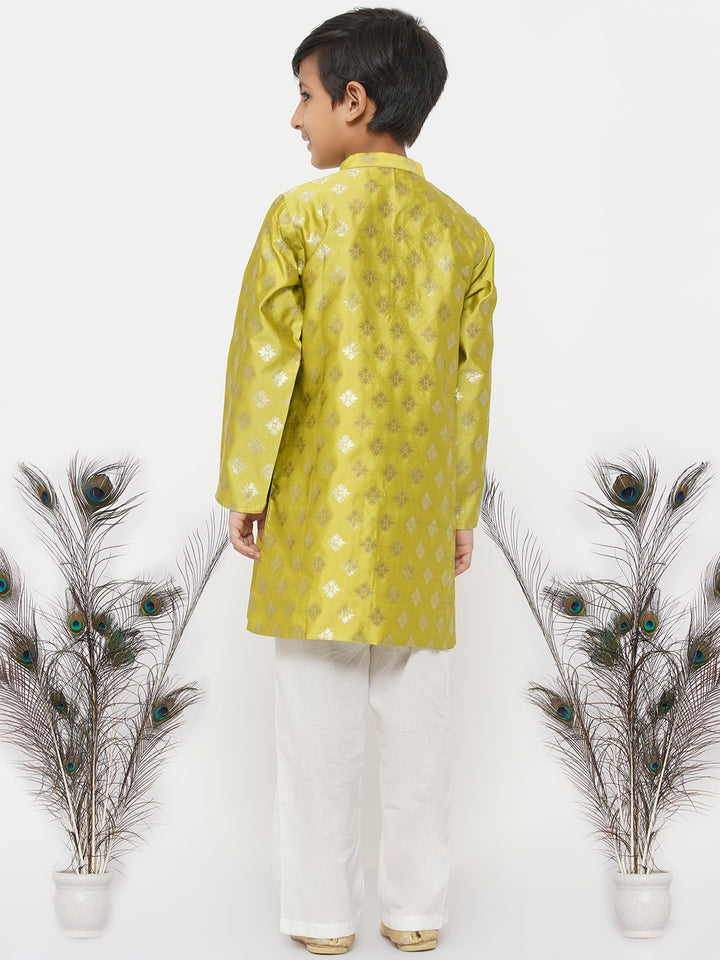 Boys Banarsi Silk Sherwani with Pyjama - Green - Little Bansi