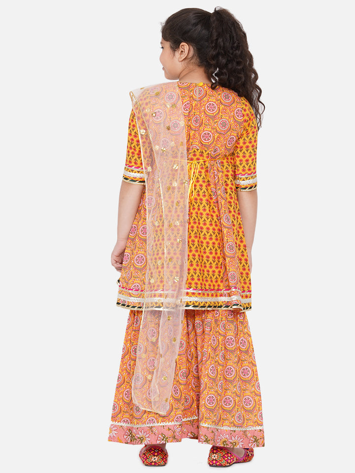 Girls Embroidery Kali work Jaipuri Kurta Frock with Sharara & Dupatta in Yellow - Little Bansi