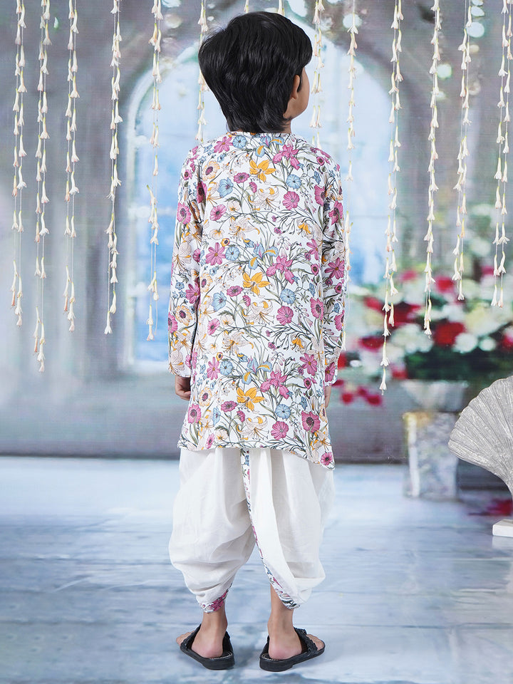 Boys Cotton Full Sleeves Kurta Dhoti with Garden Guldaudi Floral Print and Pearl Buttons - Off White - Little Bansi