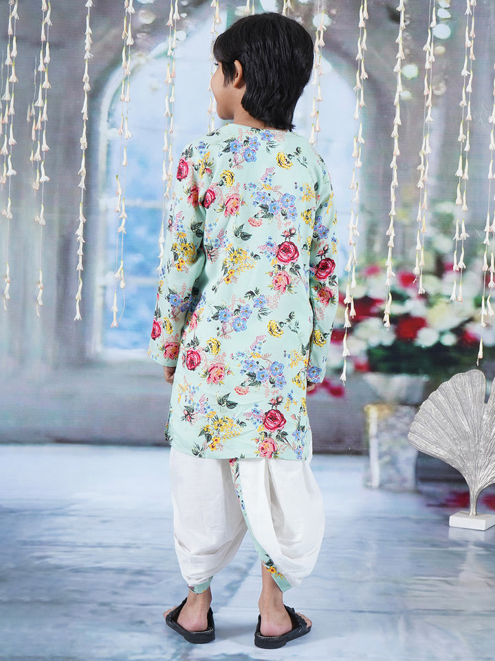 Boys Cotton Full Sleeves Kurta Dhoti with Rose Floral Print and Pearl Buttons - Green - Little Bansi