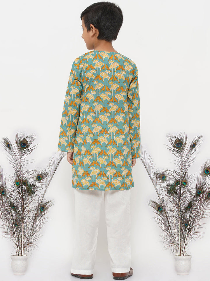 Boys Cotton Bird Print Kurta with Pearl Buttons and Pyjama - Little Bansi