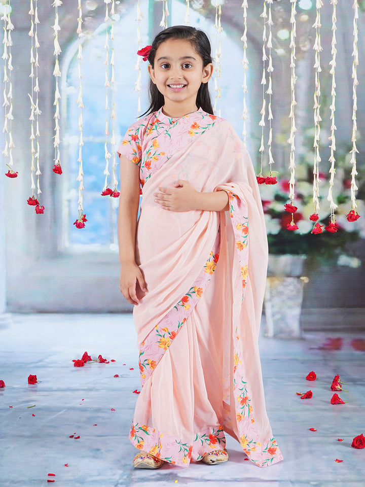 Girls Cotton Short Sleeves Ready to wear Blouse with Floral Print and Ready to wear Georgette Saree - Peach - Little Bansi