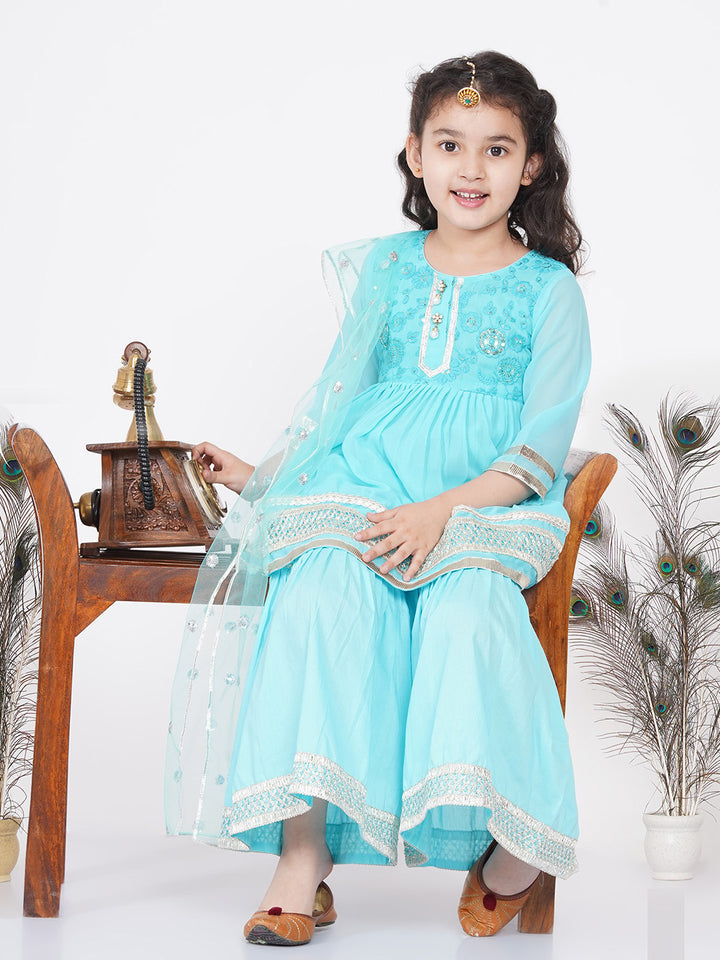 Girls Gotta Patti work Kurta frock with Sharara and Dupatta - Sky Blue - Little Bansi