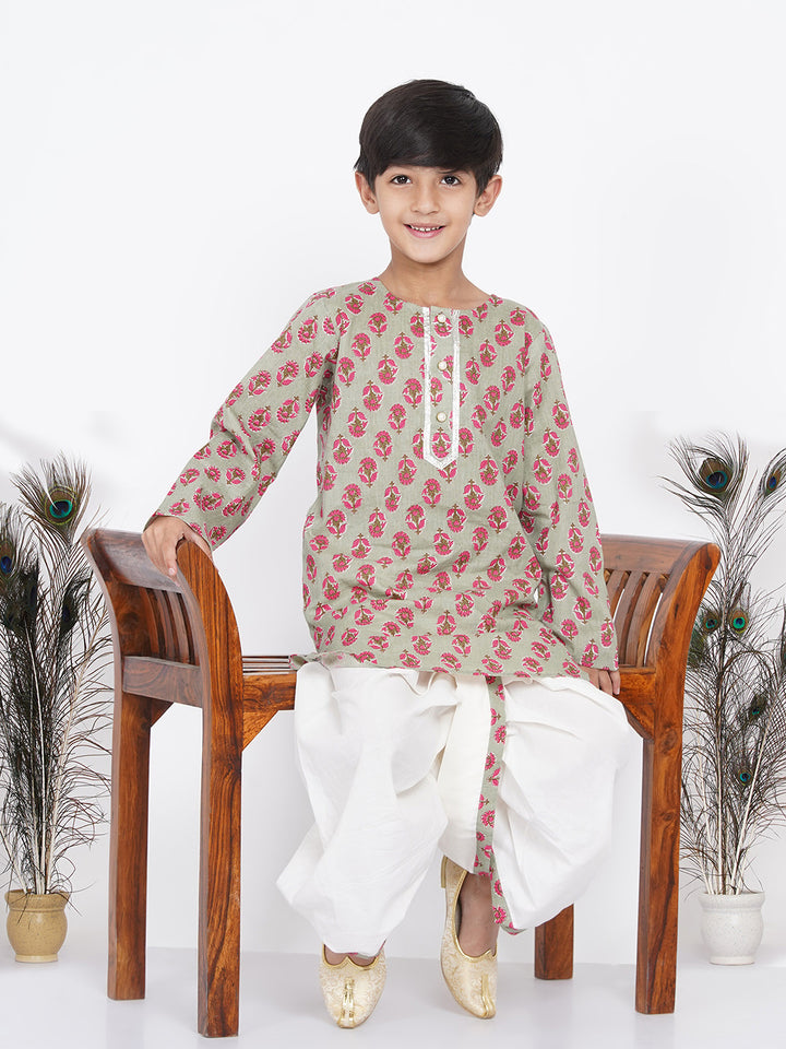 Boys Floral Kurta with Pearl Buttons and Dhoti in Green and Cream - Little Bansi