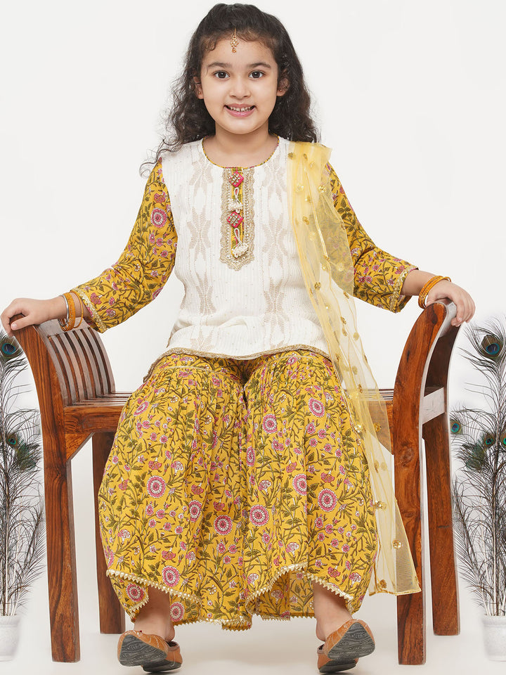 Girls Taj Embroidery Kurta with Tussel work and floral sharara with Dupatta - Little Bansi