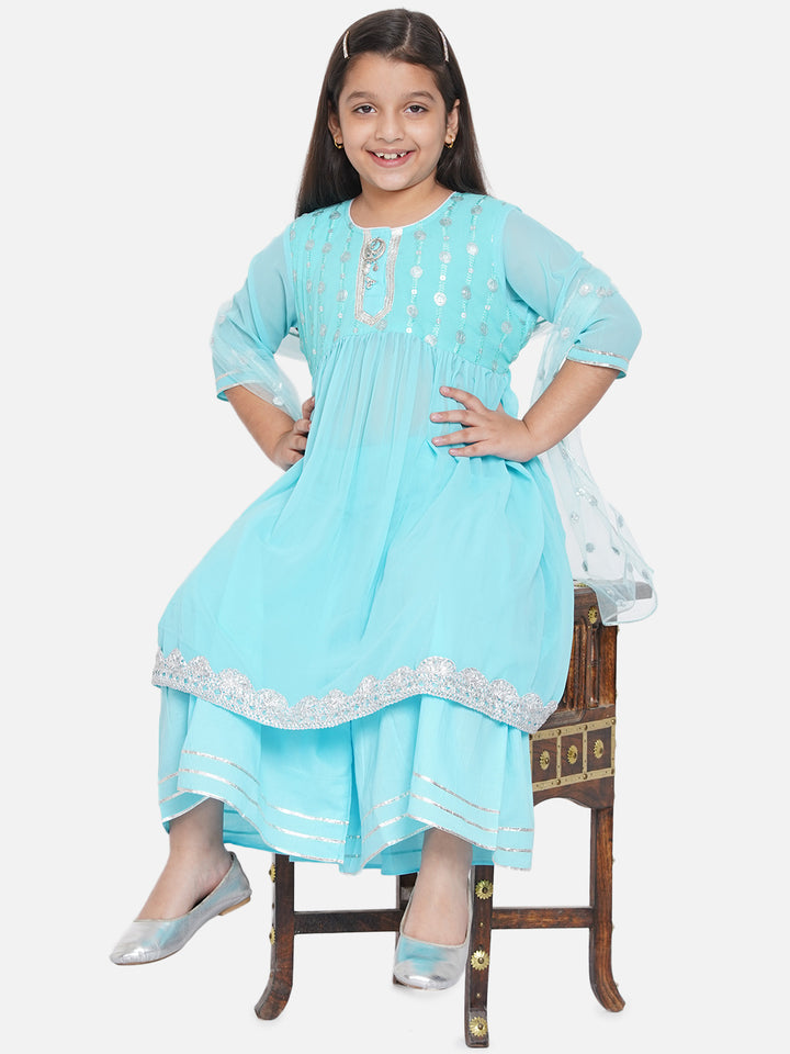 Blue Embroidery Kurta Set with Sharara - Little Bansi