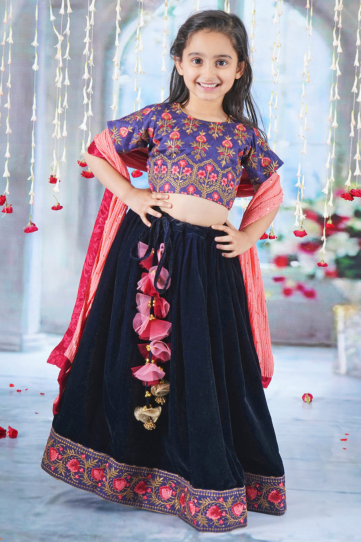 Girl Bageecha Floral Thread work Blouse with Velvet Lehenga and Sequin moti work Dupatta, accompanied with Hand made tassel and Ghungroo work - Little Bansi