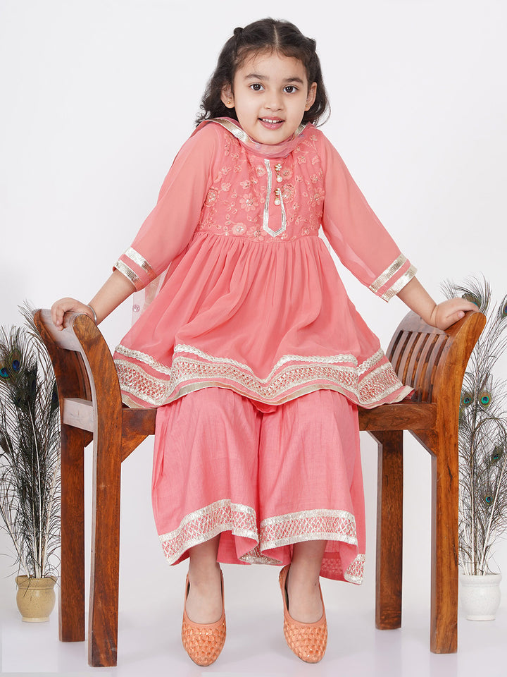 Girls jaipuri Lacework and Gotta Patti work Kurta frock with Sharara and Dupatta - Little Bansi