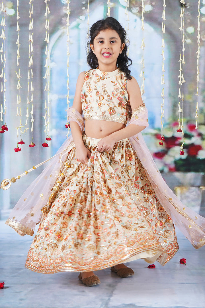 Girls Floral Embrodiery Lehenga with Blouse and Lacework Dupatta - Little Bansi