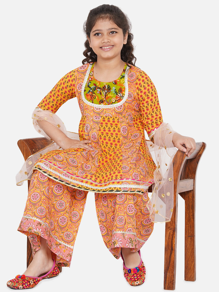 Girls Embroidery Kali work Jaipuri Kurta Frock with Sharara & Dupatta in Yellow - Little Bansi
