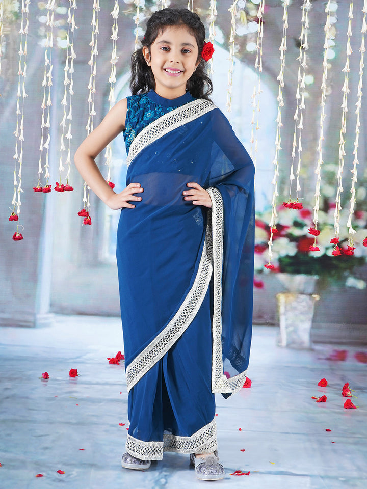 Girls Cotton Sleeveless Floral Embroidery Ready to wear Blouse with Ready to wear Georgette Saree - Blue - Little Bansi