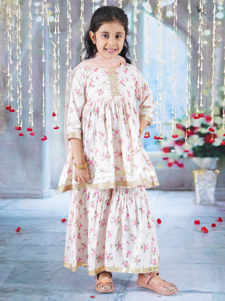 Girls Cotton Three Fourth Sleeves Kurta Sharara and Dupatta with Floral Print, Lace & Ghungroo work - Beige Pink - Little Bansi