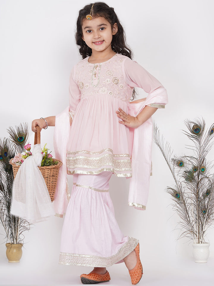 Girls Gotta Patti work Kurta frock with Sharara and Dupatta - Baby Pink - Little Bansi