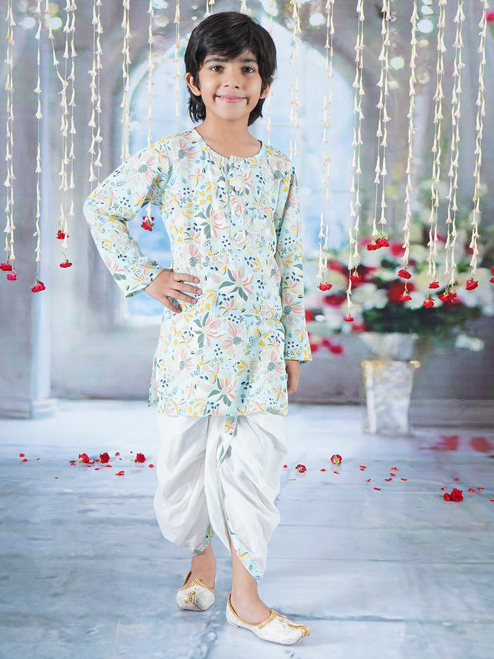 Boys Cotton Full Sleeves Kurta Dhoti with Floral Brush Print and Pearl Buttons - Sky Blue - Little Bansi