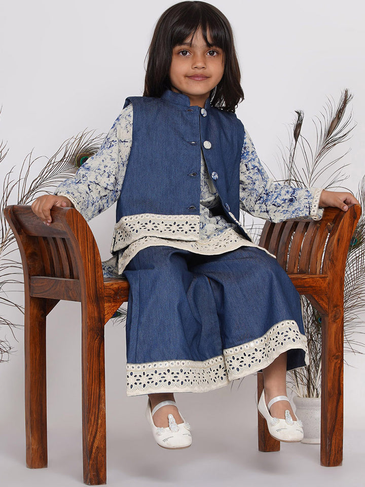 Girls Denim Jacket and Kurta with Patchwork Plazzo - Denim Blue - Little Bansi