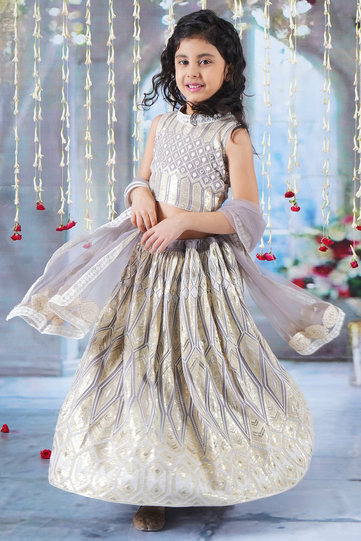 Girls Ivory and Golden Thread work Lehenga with Sequence work Blouse and Lacework Dupatta - Little Bansi