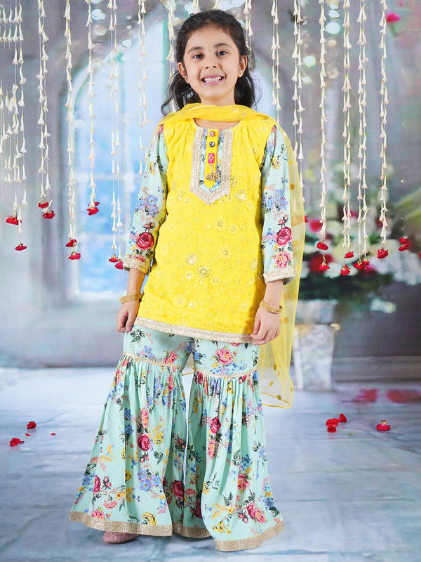 Rajasthani Floral Embroidery & Print Kurta Sharara - Yellow & Green