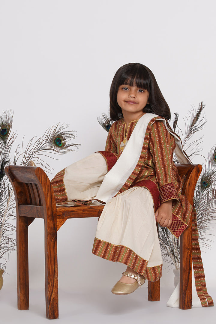 Girls Cotton Jaipuri Princecut Kurta frock with Sharara and Dupatta - Little Bansi