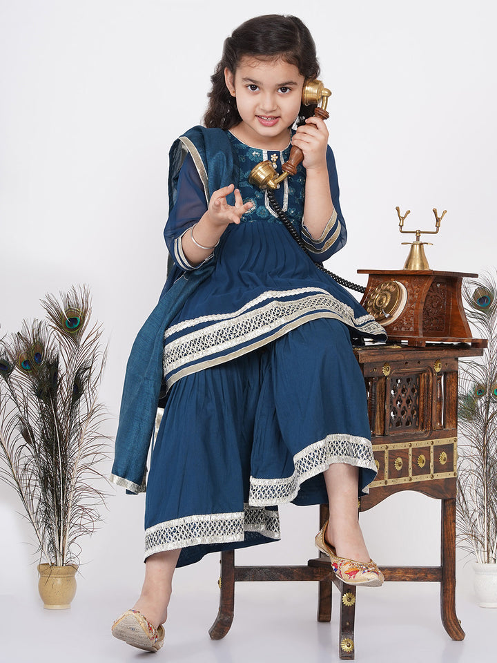 Girls jaipuri Lacework Kurta frock with Sharara and Dupatta - Nighttime Blue - Little Bansi