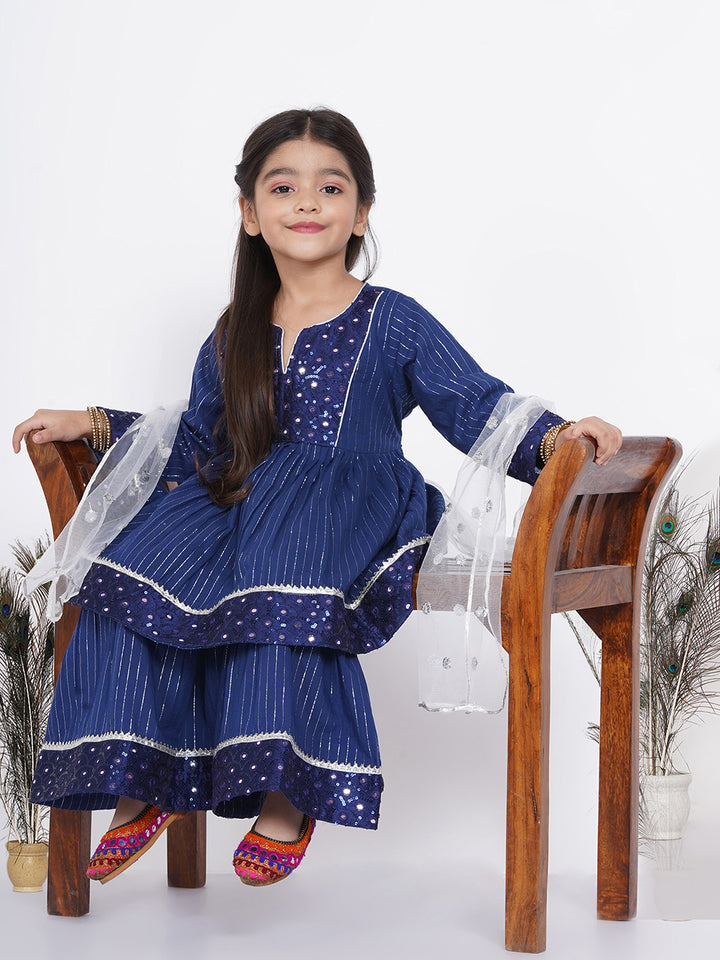 Girls Mirror work Kurta frock with Sharara and Dupatta in Blue and White - Little Bansi