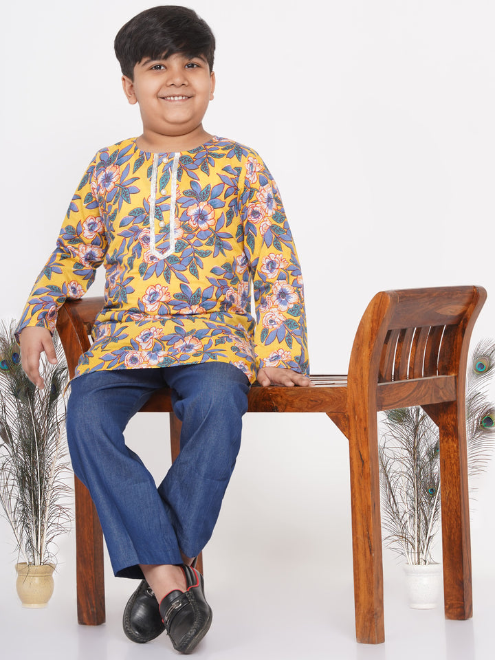 Boys Floral Kurta with Denim Pants in Yellow - Little Bansi