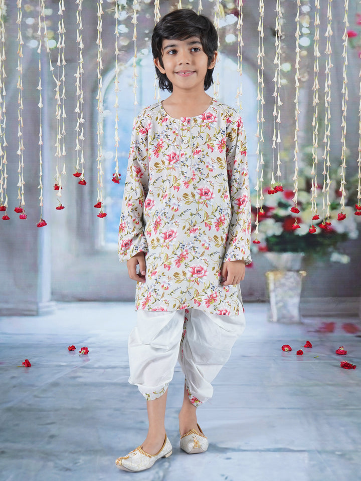 Boys Cotton Full Sleeves Kurta Dhoti with Garden Rose Print and Pearl Buttons - Antique Green - Little Bansi