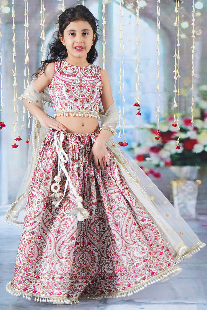 Girls Multi color Mughal Pattern Floral Thread work Cream Lehenga with Blouse and Dupatta with Pearl Detailing and Hand made Tassel - Little Bansi