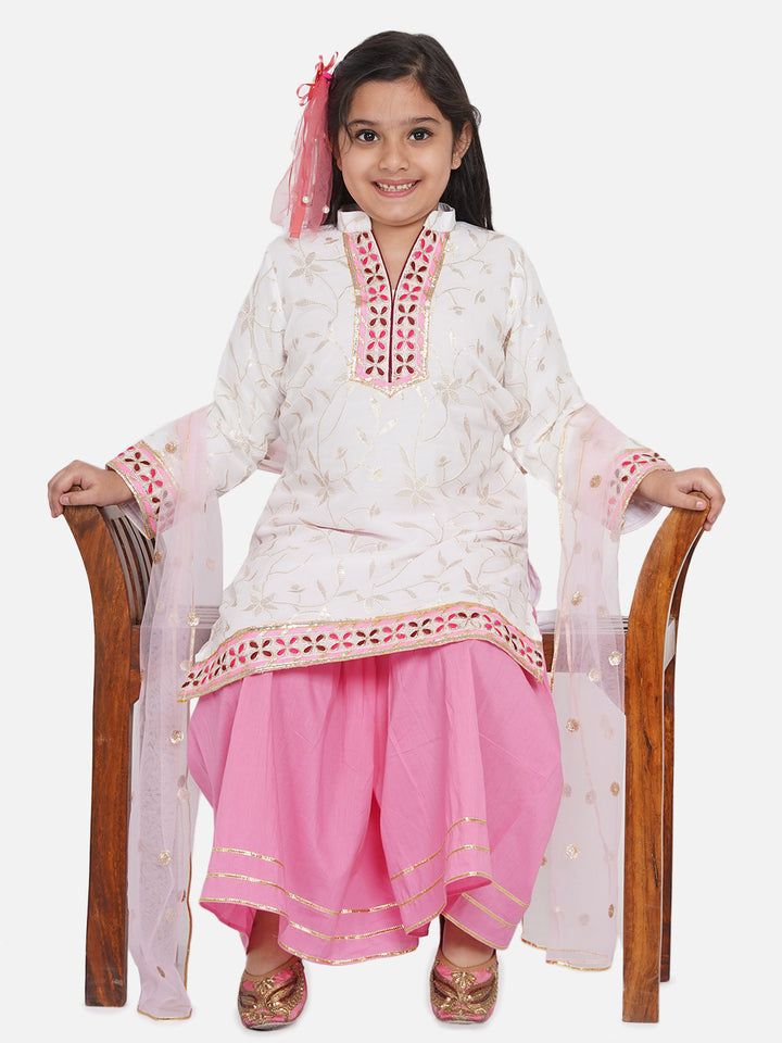 Girls Bengali Embroidery Lacework Kurta with Sharara & Dupatta in White & Pink - Little Bansi