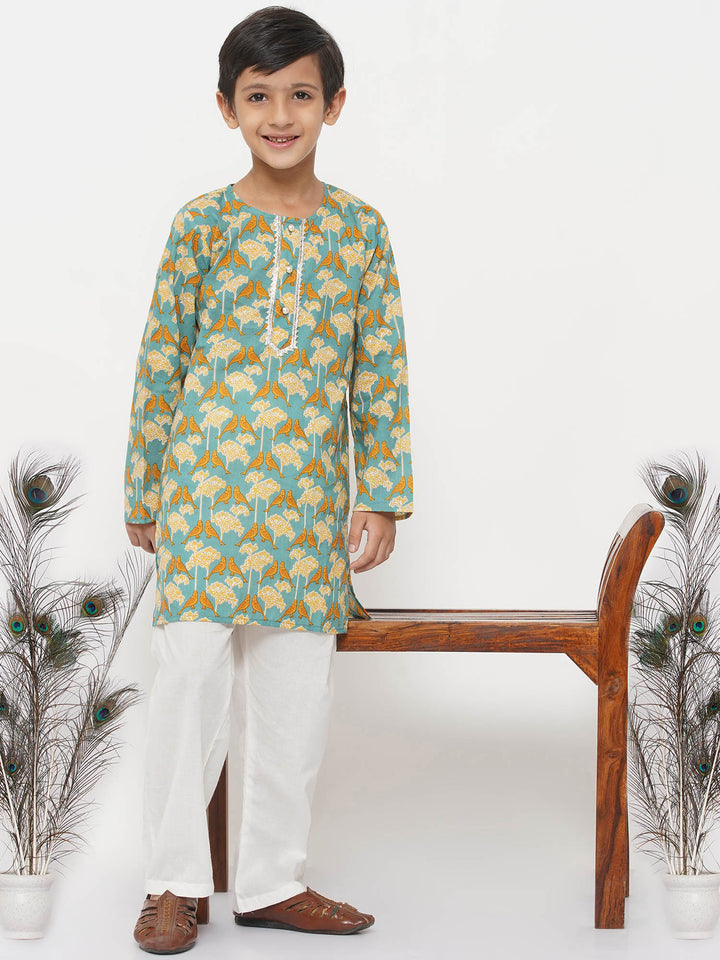 Boys Cotton Bird Print Kurta with Pearl Buttons and Pyjama - Little Bansi