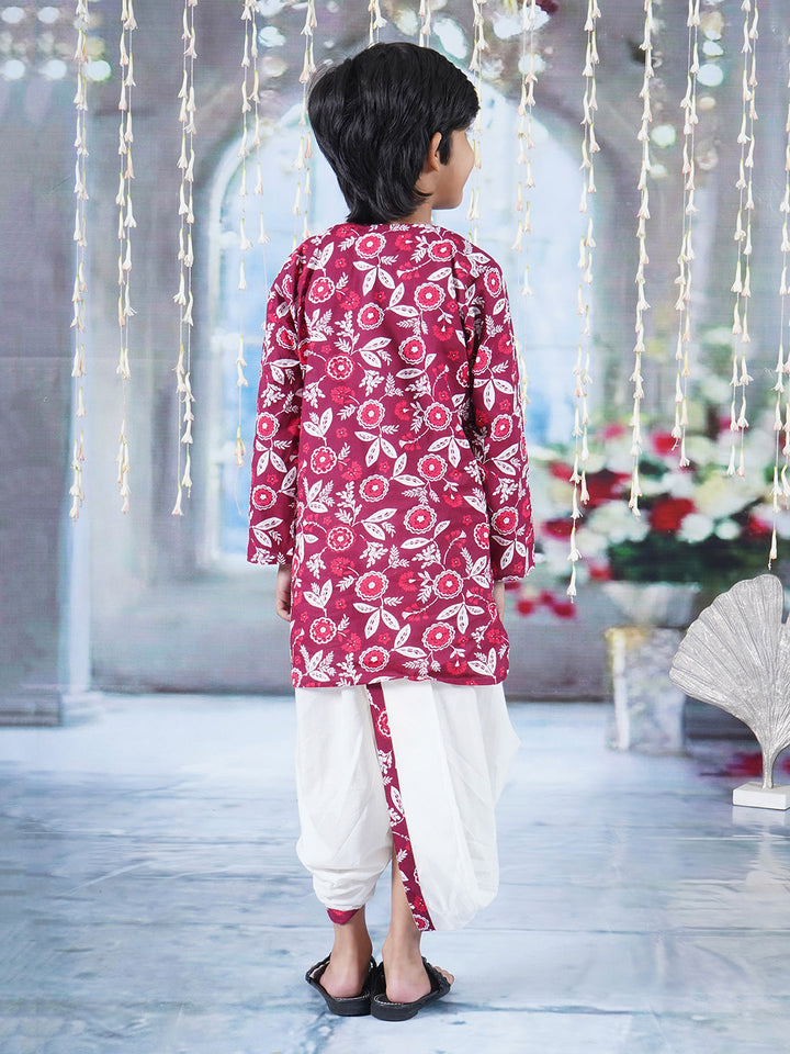 Boys Cotton Full Sleeves Kurta Dhoti with Floral Print and Pearl Buttons - Mahroon and Cream - Little Bansi
