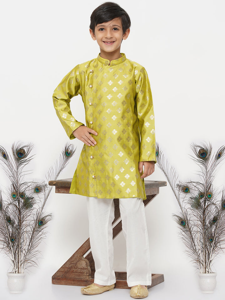 Boys Banarsi Silk Sherwani with Pyjama - Green - Little Bansi