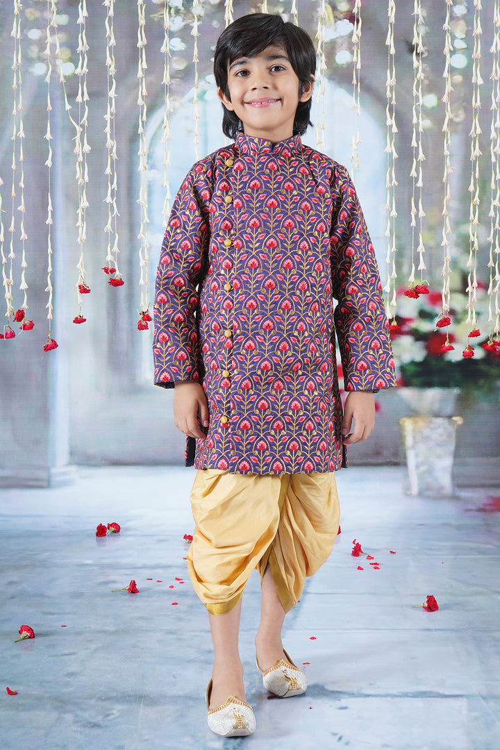 Boys Bageecha Floral Thread work Angrakha Sherwani with Beige Silk Dhoti - Little Bansi