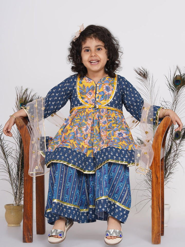 Girls Floral Kurta with Indigo Floral Jacket with Sharara and Dupatta in Blue & Yellow - Little Bansi