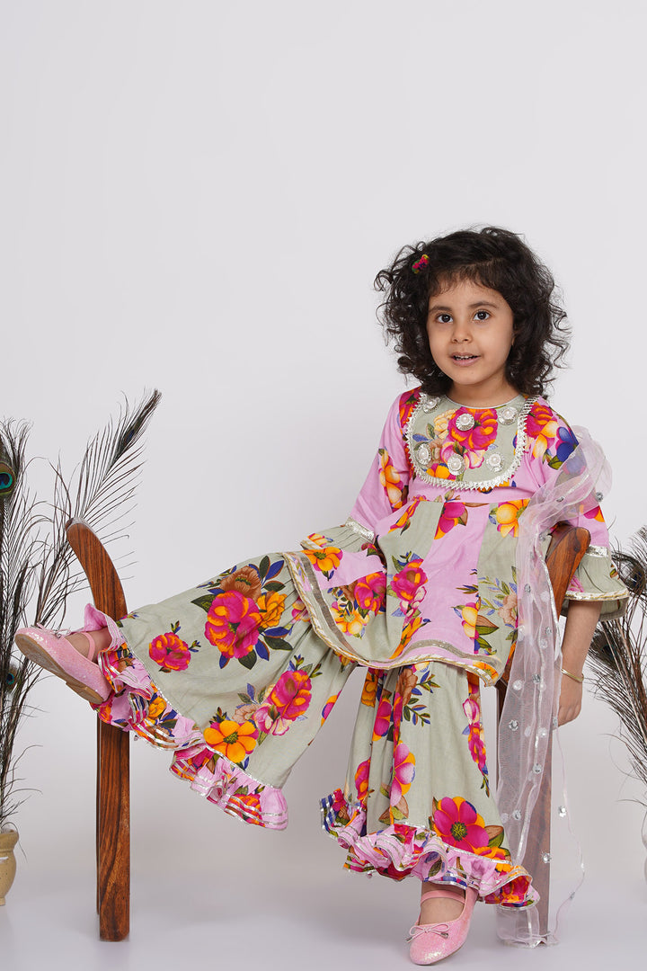 Girls Pearl Detailing Kali Frock Kurta with Sharara and Dupatta in Green & Pink - Little Bansi