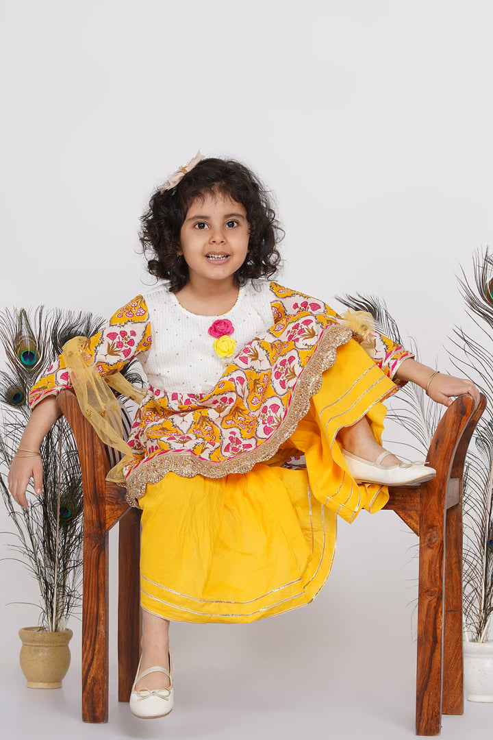 Girls Floral & Bead Embroidery work Kurta Frock with Sharara & Dupatta in Yellow - Little Bansi